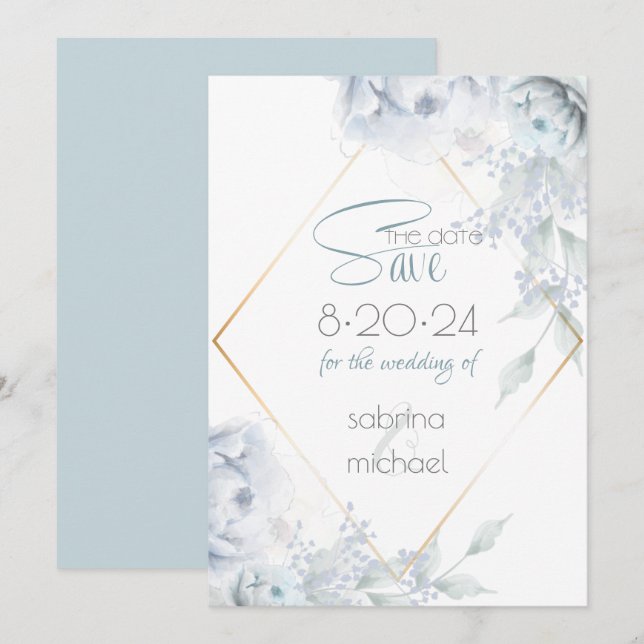 Save the Date | Dusty Blue Watercolor Peonies (Front/Back)