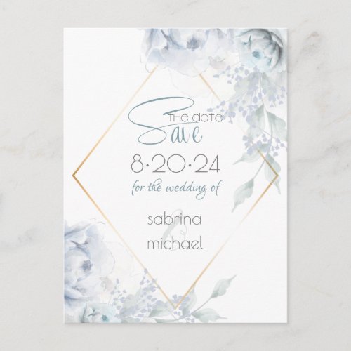 Save the Date  Dusty Blue Watercolor Peonies Postcard