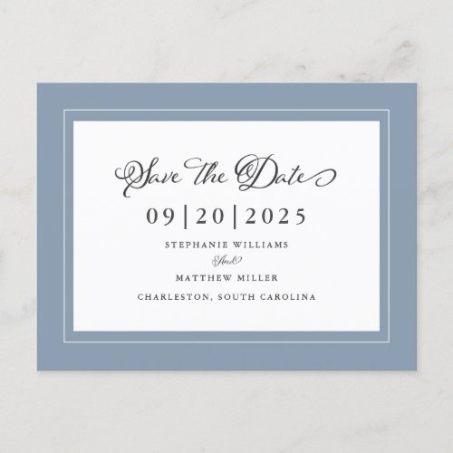 Save The Date  Dusty Blue Wedding Elegant Script Announcement Postcard