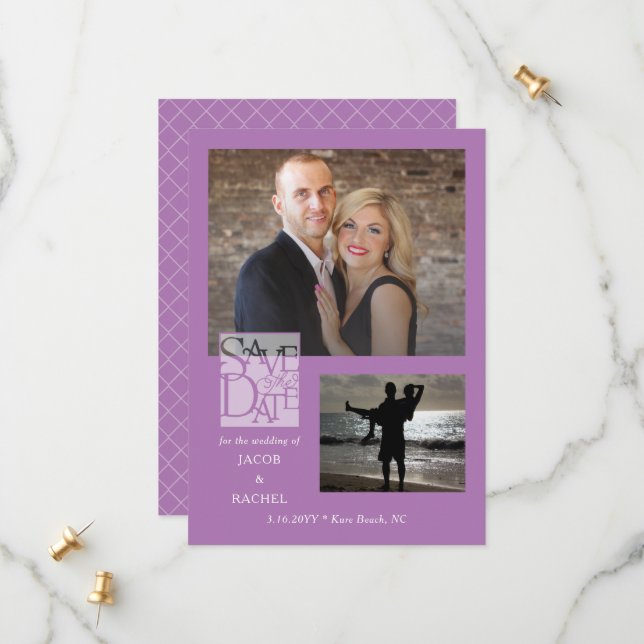 Save the Date Elegant 2-Photo Lavender Wedding (Front/Back In Situ)
