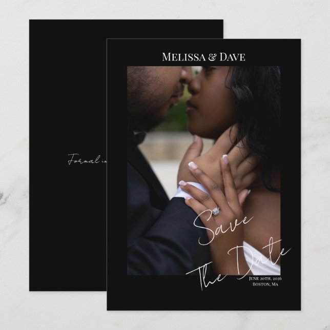 Save The Date- Elegant Black background with photo Invitation (Front/Back)