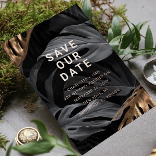 Save The Date Elegant Black Gold Leaves Photo Foil Invitation