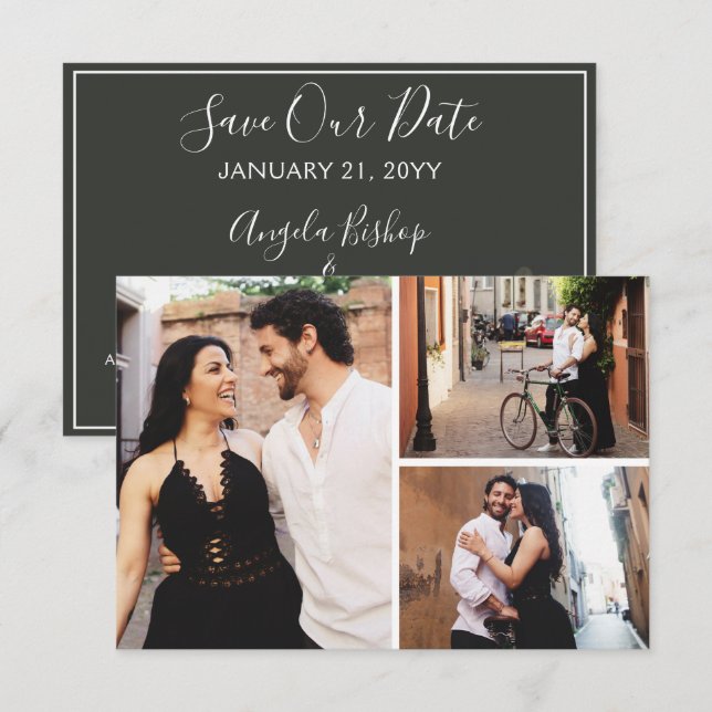 Save The Date Elegant Blush Floral 3-Photo Card (Front/Back)