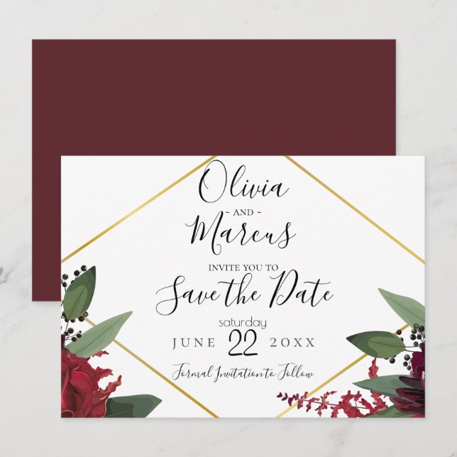 SAVE THE DATE  | Elegant Burgundy Marsala Floral 2 Invitation (Front/Back)