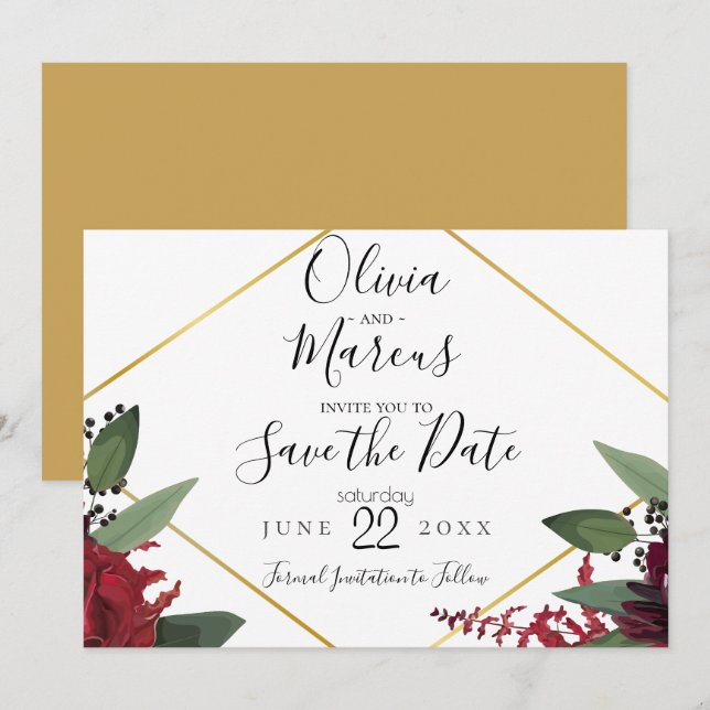 SAVE THE DATE  | Elegant Burgundy Marsala Floral 2 Invitation (Front/Back)