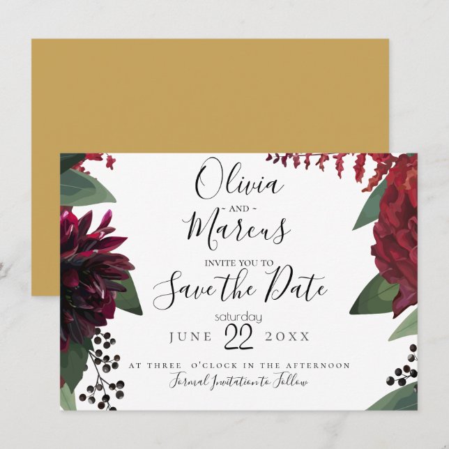 SAVE THE DATE | Elegant Burgundy Marsala Floral Invitation (Front/Back)