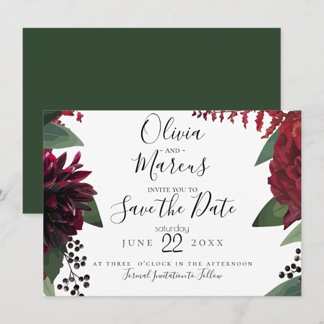 SAVE THE DATE | Elegant Burgundy Marsala Floral Invitation (Front/Back)