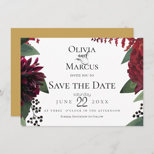 SAVE THE DATE | Elegant Burgundy Marsala Floral Invitation (Front/Back)