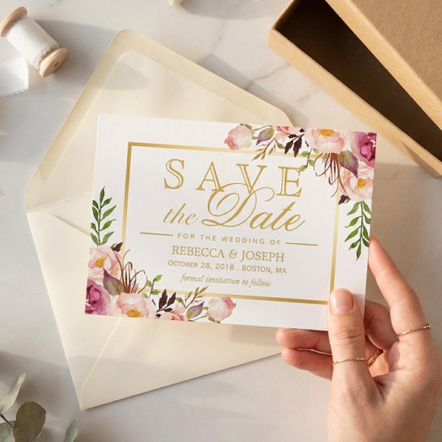 Save the Date Elegant Chic Pink Floral Gold Frame (Creator Uploaded)