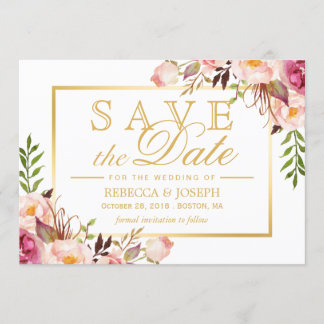 Save the Date Elegant Chic Pink Floral Gold Frame