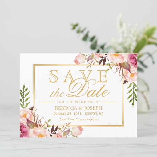 Save the Date Elegant Chic Pink Floral Gold Frame | Zazzle