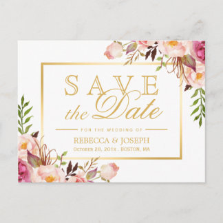 Save the Date Elegant Chic Pink Floral Gold Frame Announcement Postcard