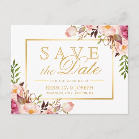Save The Date Elegant Chic Pink Floral Gold Frame Announcement Postcar