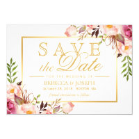 Save the Date Elegant Chic Pink Floral Gold Frame Card