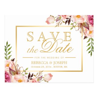 Save the Date Elegant Chic Pink Floral Gold Frame Postcard