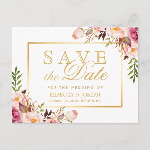 Save the Date Elegant Chic Pink Floral Gold Frame Postcard