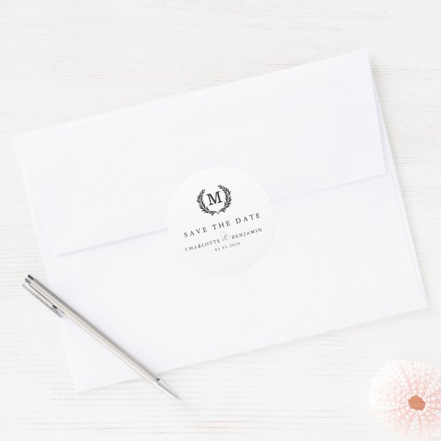 Save The Date! Elegant Crest Monogram White Classic Round Sticker (Envelope)