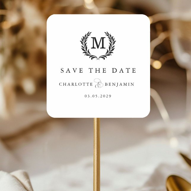 Save The Date! Elegant Crest Monogram White Square Sticker (Save The Date! Elegant Crest Monogram White Square Sticker)