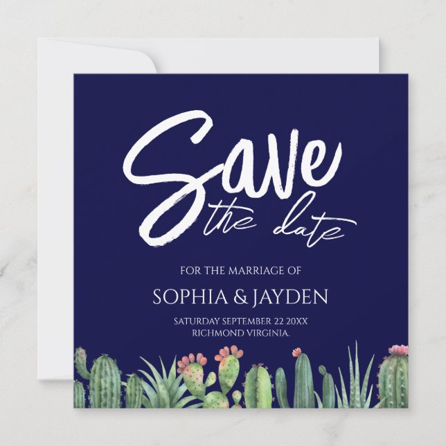 Save The Date Elegant Dark Navy Blue Cactus (Front)