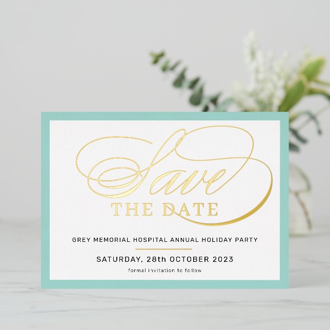SAVE THE DATE elegant fancy script mint green gold Foil Invitation (Standing Front)