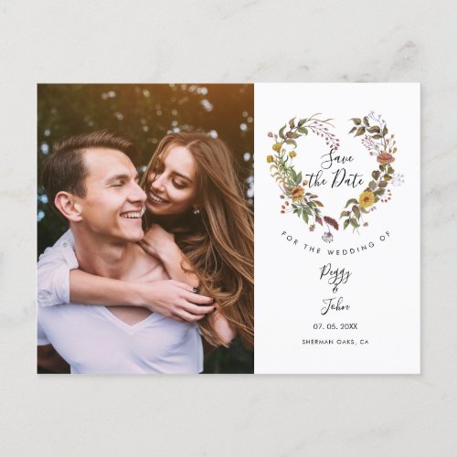 Save the Date Elegant Floral Heart Garland Photo Announcement Postcard