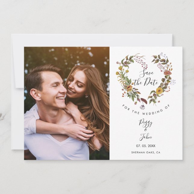 Save the Date Elegant Floral Heart Garland Photo Invitation (Front)