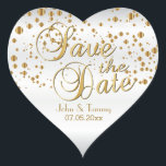 Save the Date | Elegant Gold Confetti Dots Heart Sticker<br><div class="desc">PLEASE READ - Save the Date Stickers in gold showering dots on a white background ready for you to personalize. If needed... just remove the text and start fresh adding whatever text and/or font you like. The text can be adjusted to any size by using the editing tool. ✔Note: Not...</div>