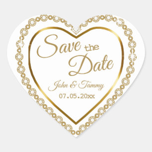 Save the Date Elegant Gold Diamonds Heart Sticker