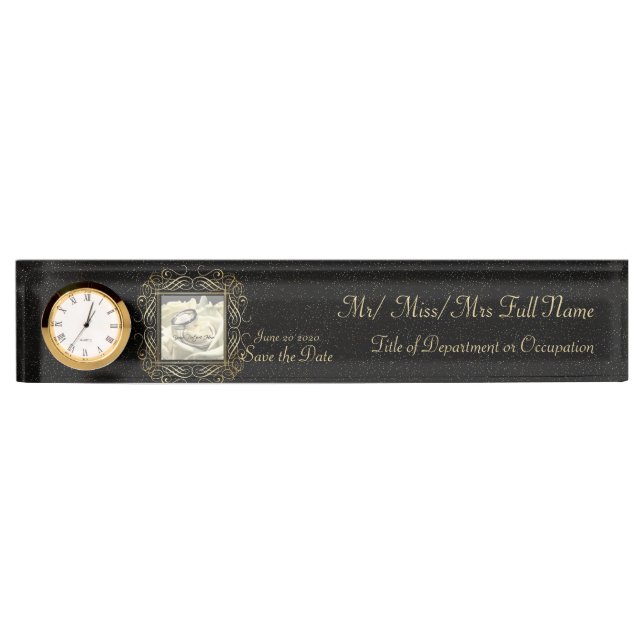 Save the Date Elegant Gold Foil Dots Look Script Desk Name Plate (Front)
