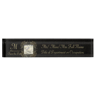 Save the Date Elegant Gold Foil Dots Look Script Desk Name Plate