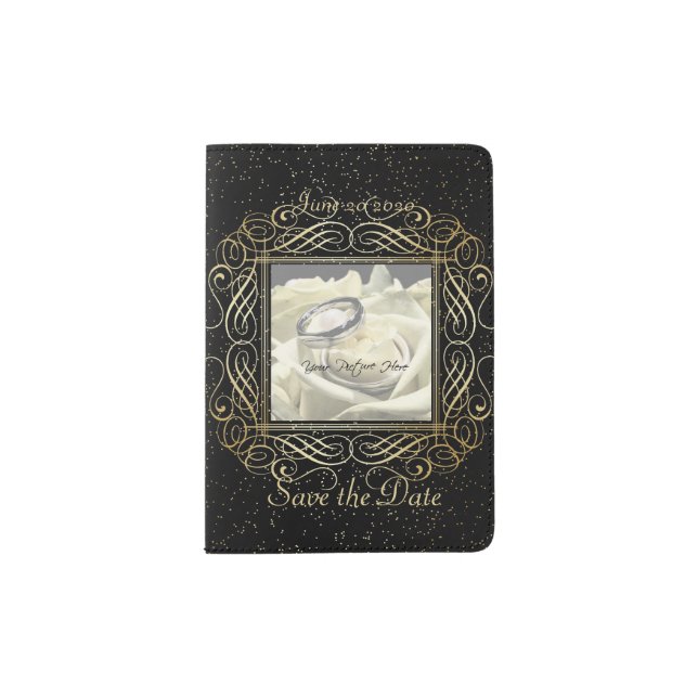 Save the Date Elegant Gold Foil Dots Look Script Passport Holder (Front)