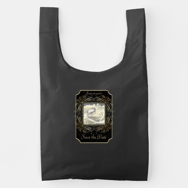 Save the Date Elegant Gold Foil Dots Look Script Reusable Bag (Front)