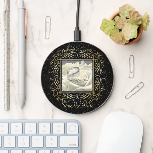 Save the Date Elegant Gold Foil Dots Look Script Wireless Charger