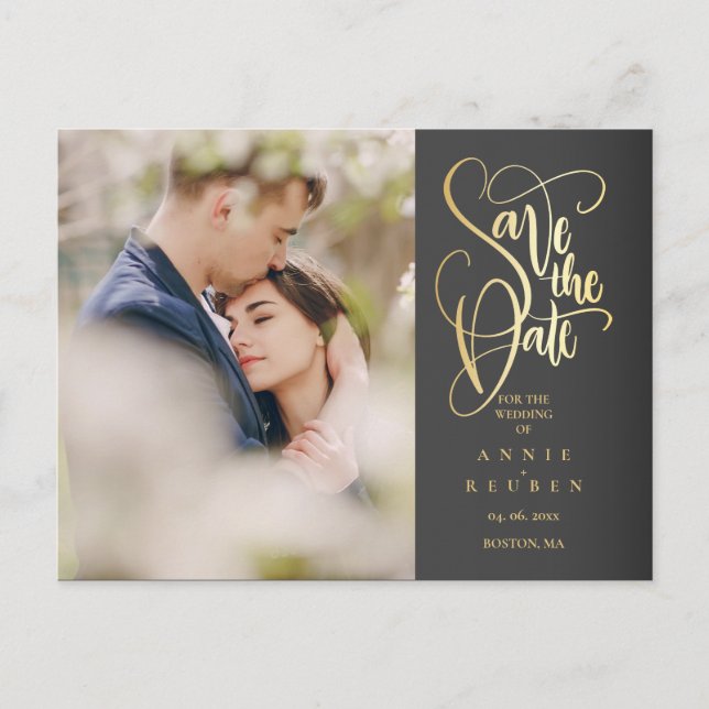 Save the Date Elegant Gold Script Photo Announcement Postcard (Front)