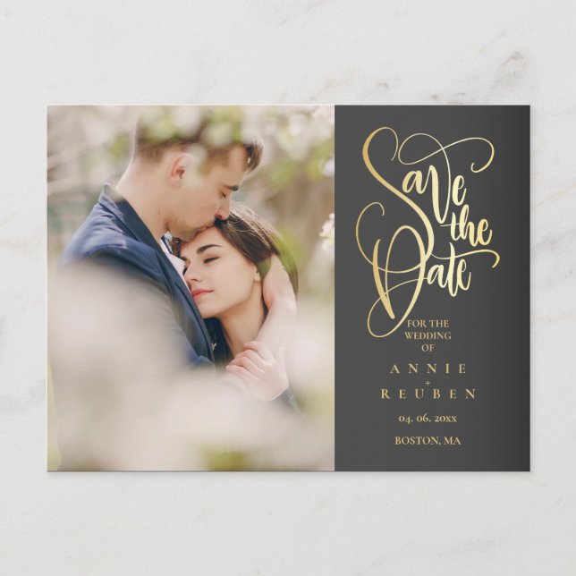 Save the Date Elegant Gold Script Photo Postcard (Front)