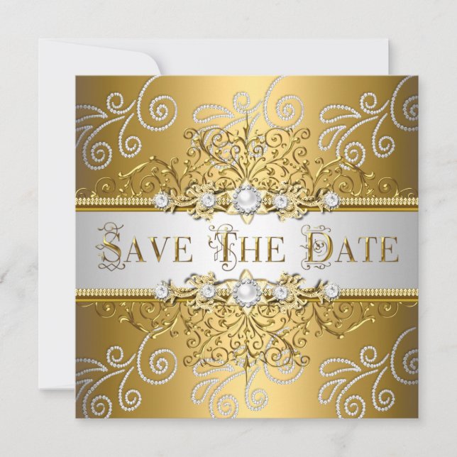 Save The Date Elegant Gold Silver Lace Diamond (Front)