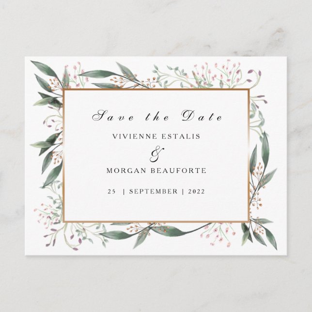 Save The Date elegant green leaf gold Postcard (Front)