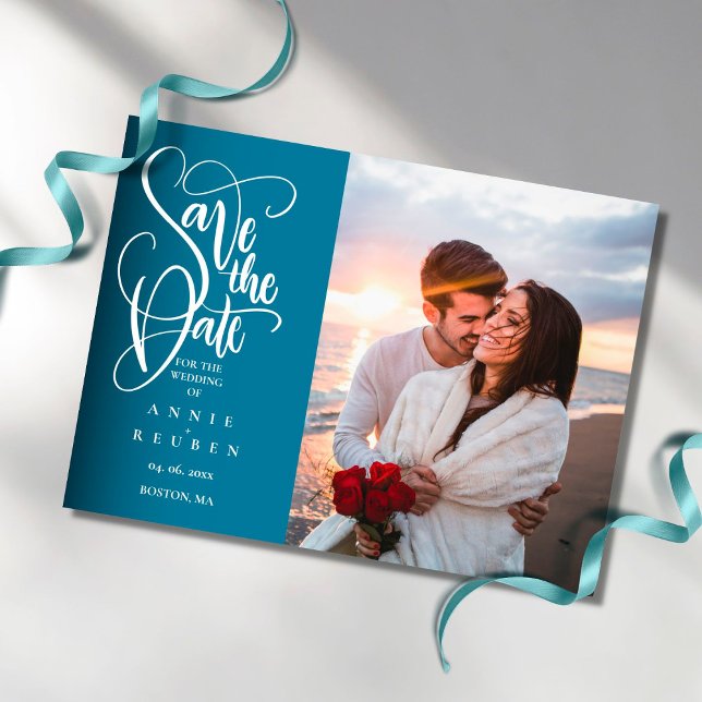 Save the Date Elegant Modern White Script Photo (Creator Uploaded)