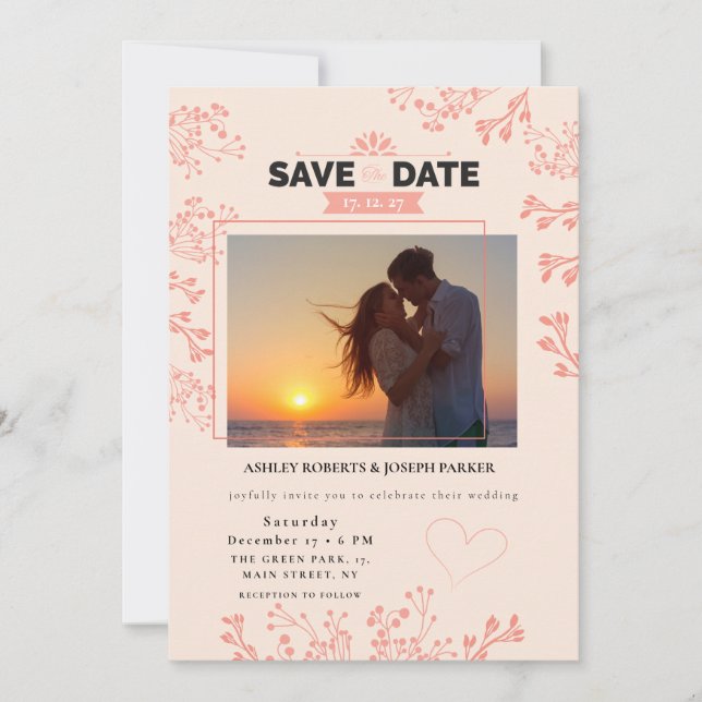 Save the Date – Elegant Pink Floral Photo Wedding  Holiday Card (Front)