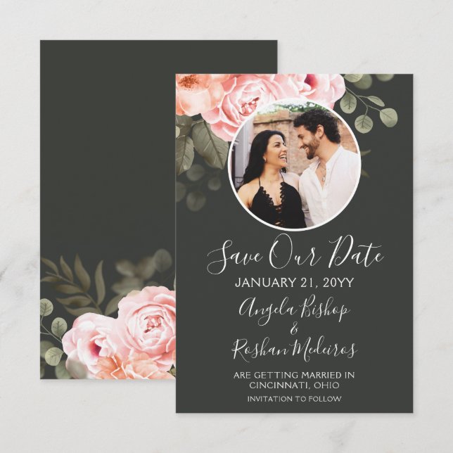 Save The Date Elegant Pink Floral Wedding Card (Front/Back)