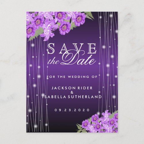 Save the Date Elegant Purple String Lights Floral Announcement Postcard