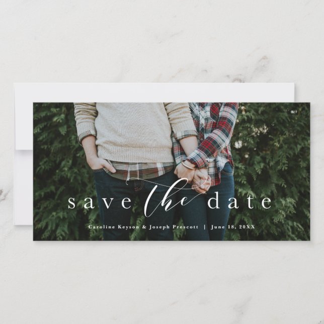 Save the date elegant script horizontal photo card (Front)