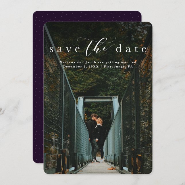 Save the date elegant script vertical photo card (Front/Back)