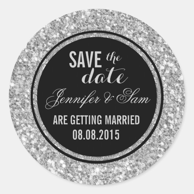 Save The Date-Elegant White And Gray Glitter Classic Round Sticker (Front)