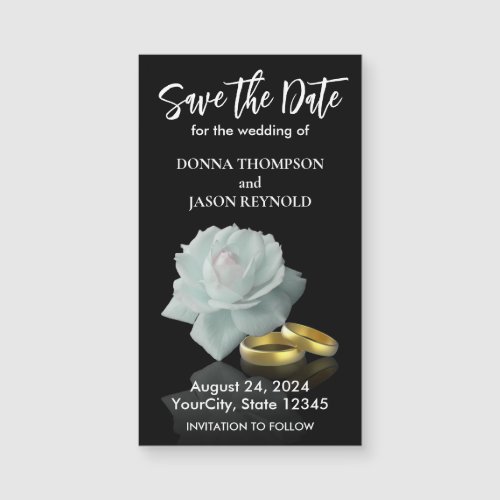 Save the Date Elegant White Rose Gold Rings Script