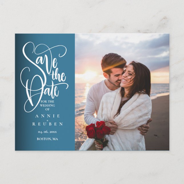 Save the Date Elegant White Script Photo Postcard (Front)