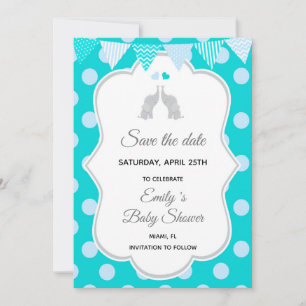 Save The Date Elephant Teal Blue Polka Dots