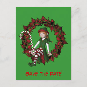 Save The Date Elf On Wreath Holiday Announcement Postcard