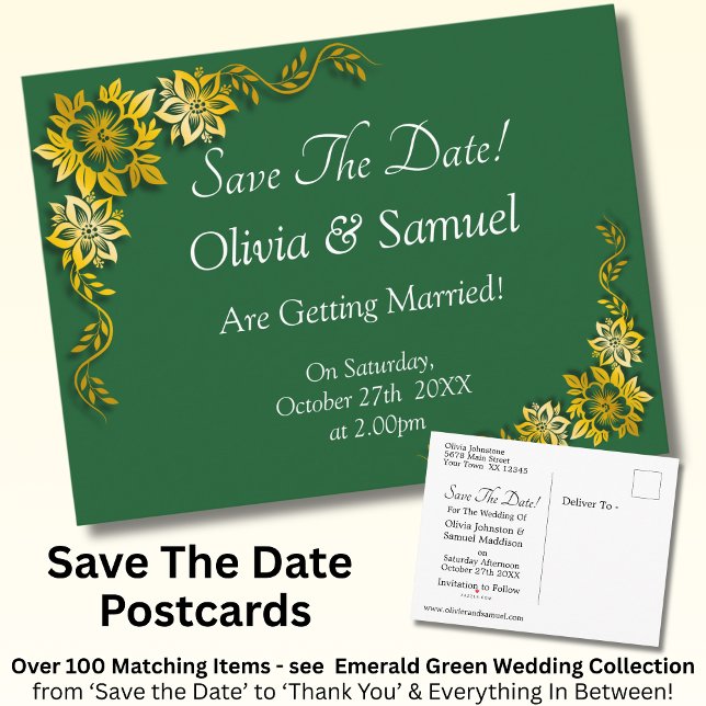 Save The Date - Emerald Green & Gold Announcement Postcard (Creator Uploaded)