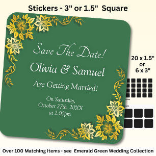 Save The Date - Emerald Green & Gold Square Sticker